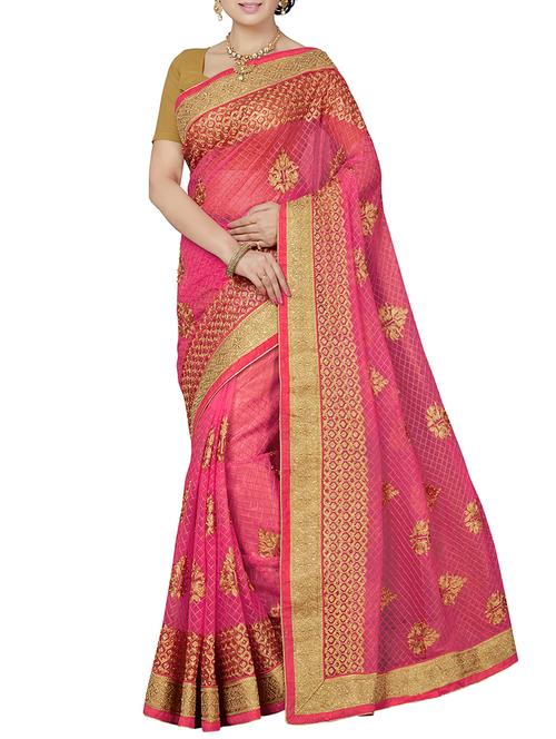 resham embroidered pink saree with blouse - 15898603 - Standard Image - 1
