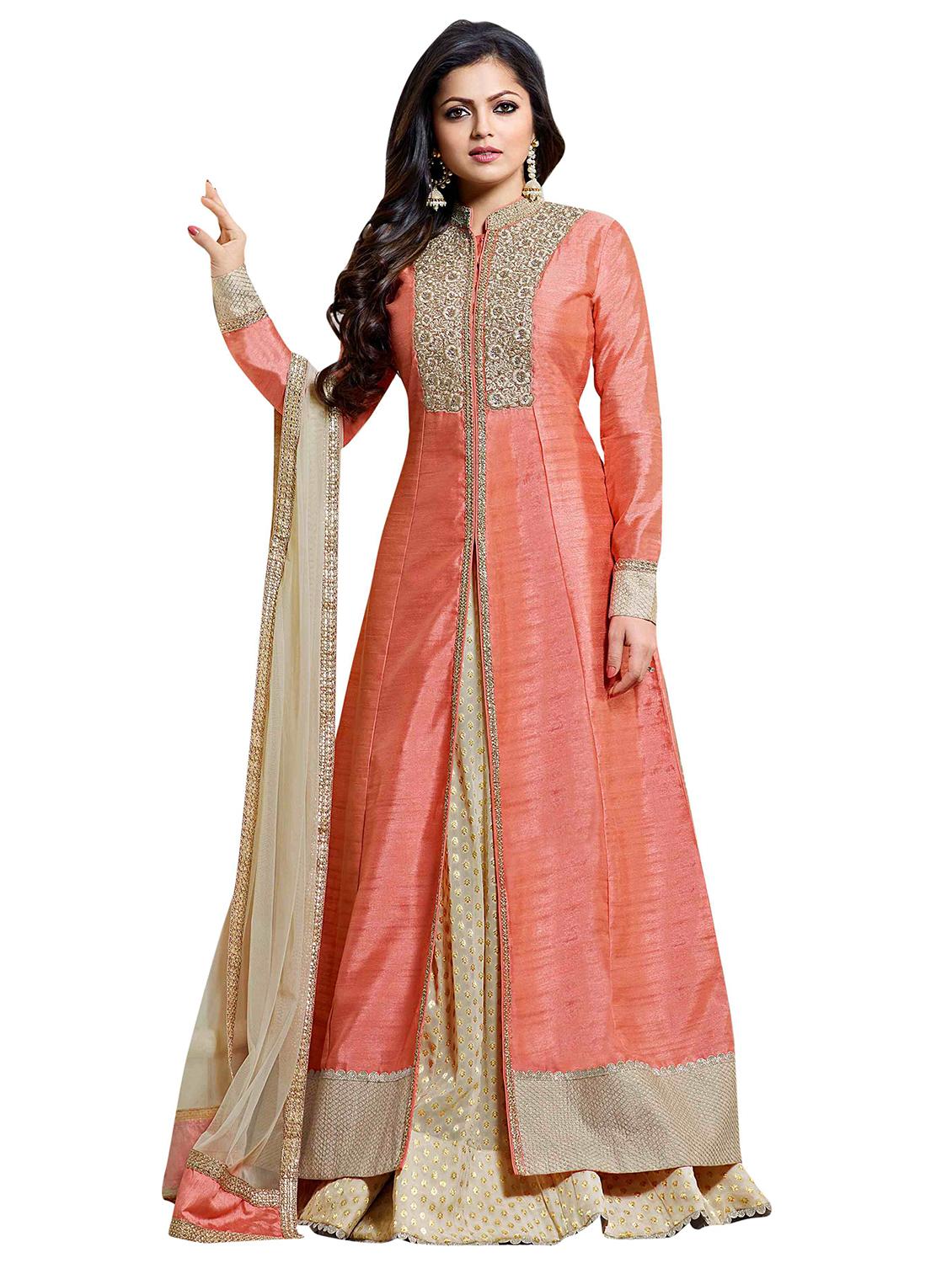 Embroidered semi-stitched skirt suit - 15900101 - Zoom Image - 1