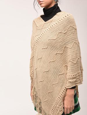 beige fringed hem knitted poncho - 15900884 - Standard Image - 5
