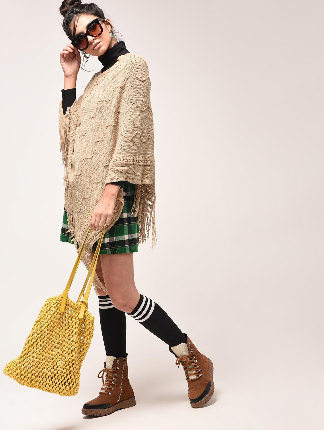 beige fringed hem knitted poncho - 15900884 - Zoom Image - 2