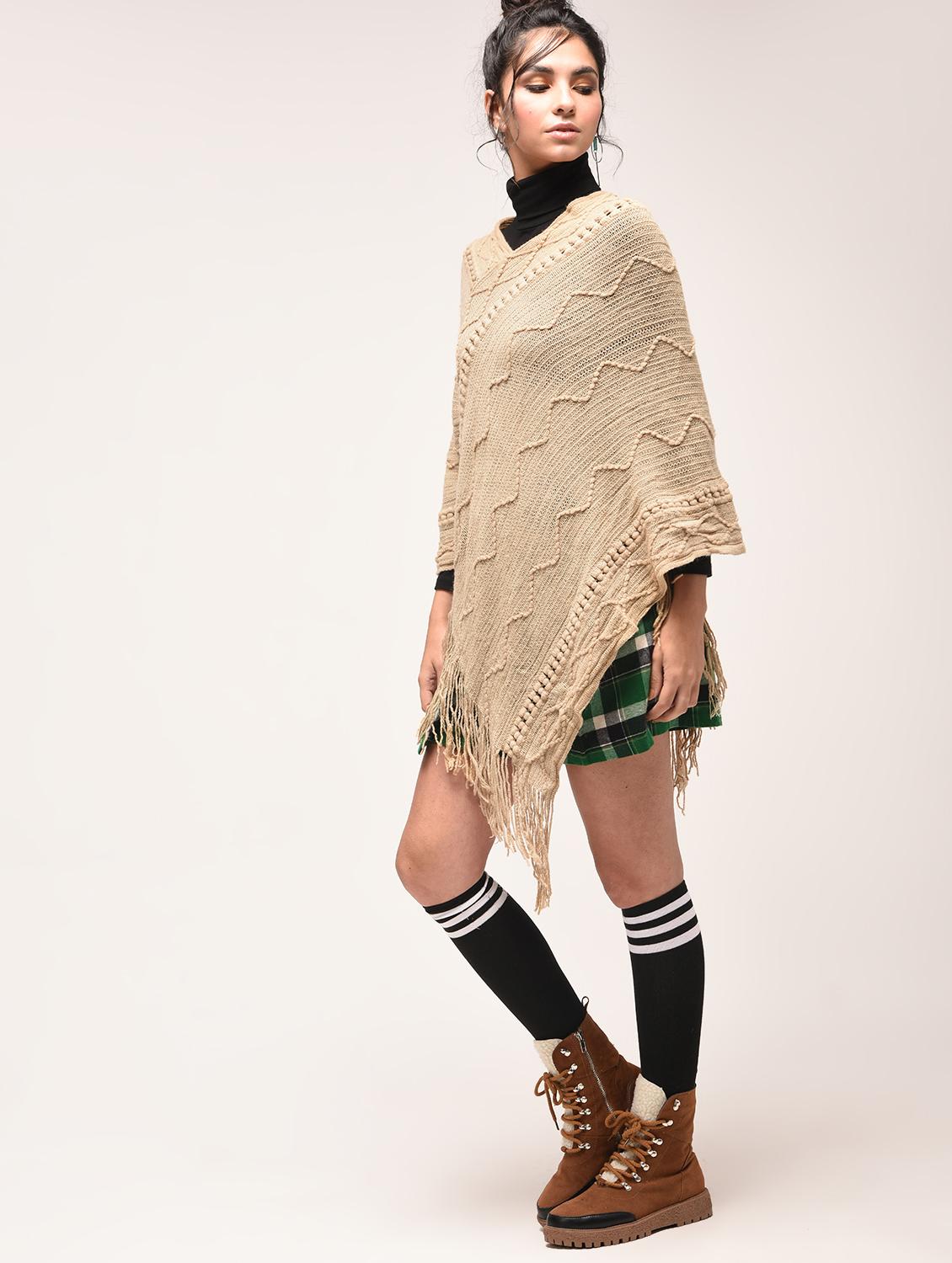 beige fringed hem knitted poncho - 15900884 - Zoom Image - 3