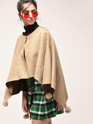 pom pom detail single button tie poncho - 15900893 - Standard Image - 2