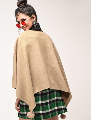 pom pom detail single button tie poncho - 15900893 - Standard Image - 3