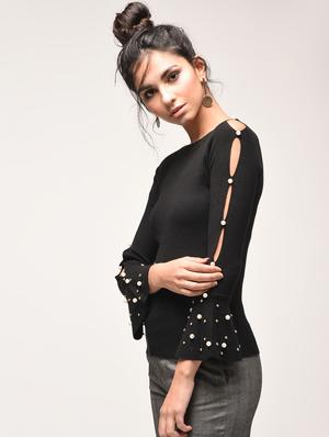 pearl embellished cut out sleeved pullover - 15900912 - Standard Image - 2