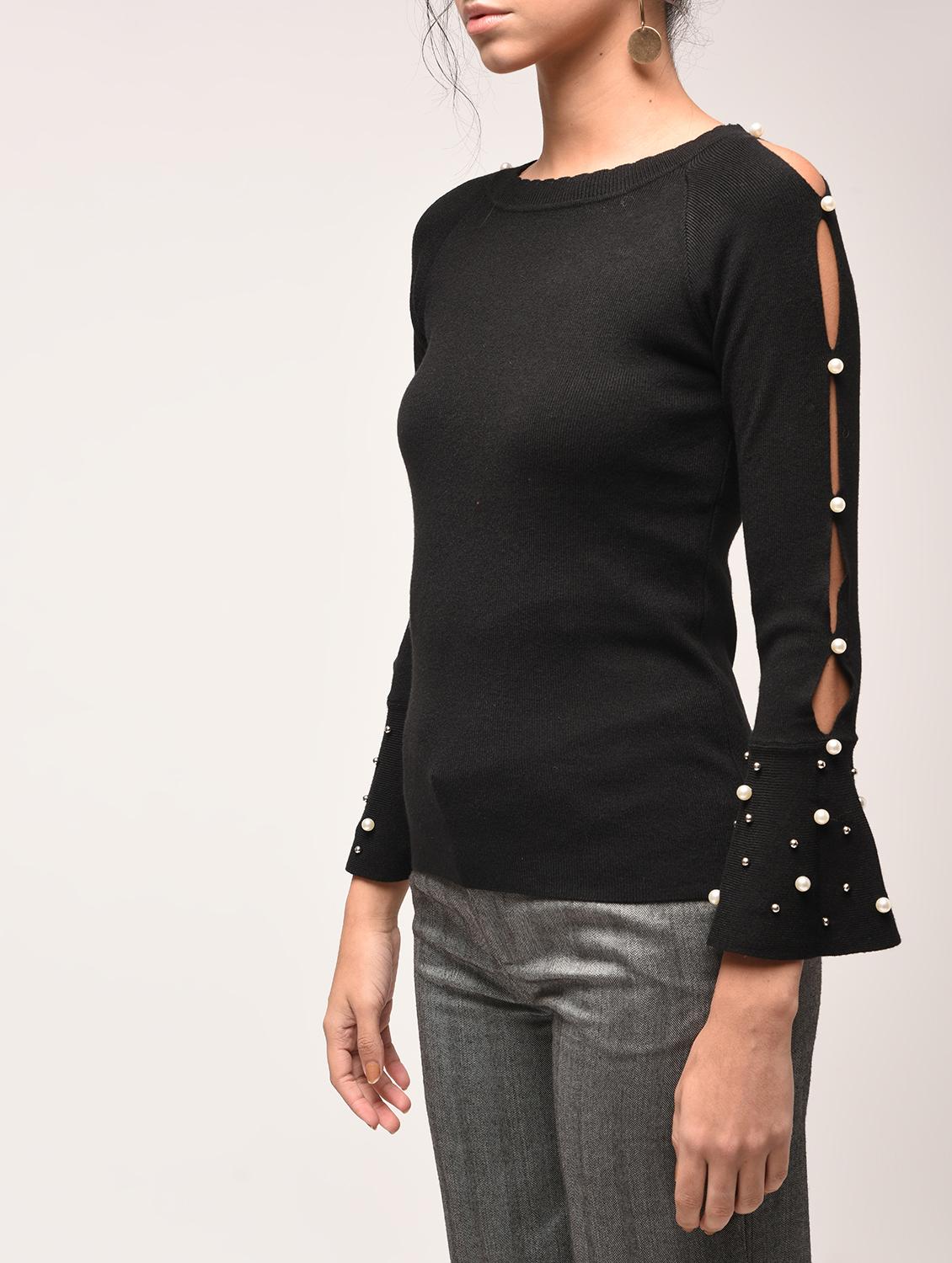 pearl embellished cut out sleeved pullover - 15900912 - Zoom Image - 5