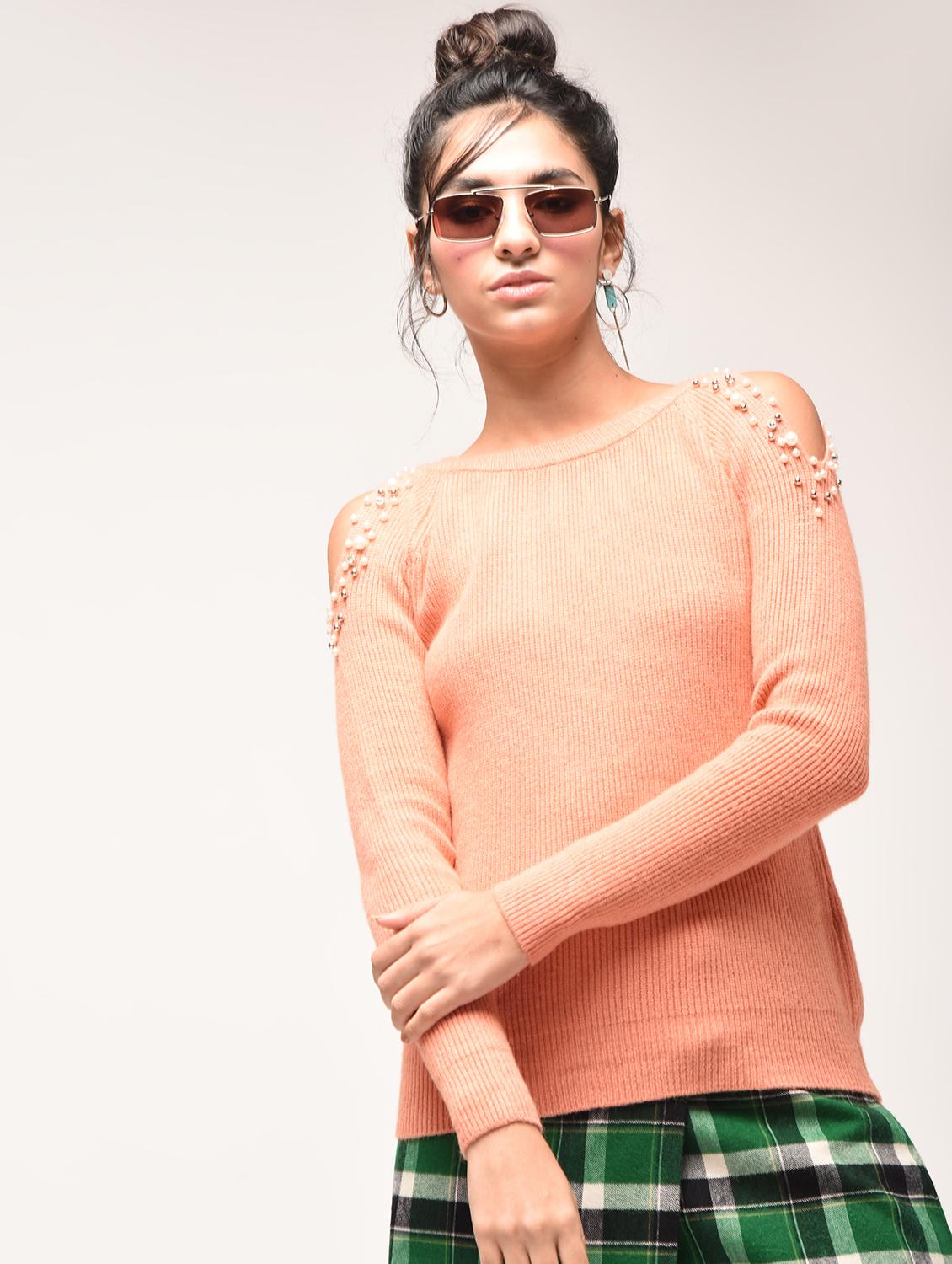 cold shoulder pearl embellished pullover - 15900918 - Zoom Image - 1