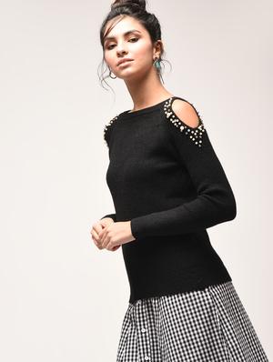 cold shoulder pearl embellished pullover - 15900920 - Standard Image - 2