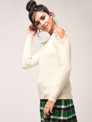 cold shoulder pearl embellished pullover - 15900921 - Standard Image - 2