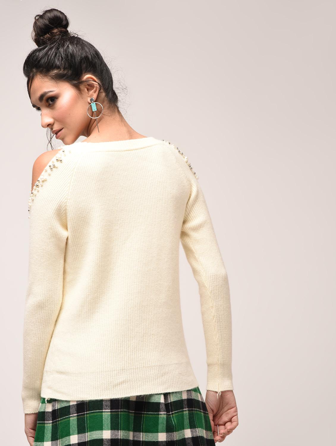 cold shoulder pearl embellished pullover - 15900921 - Zoom Image - 3