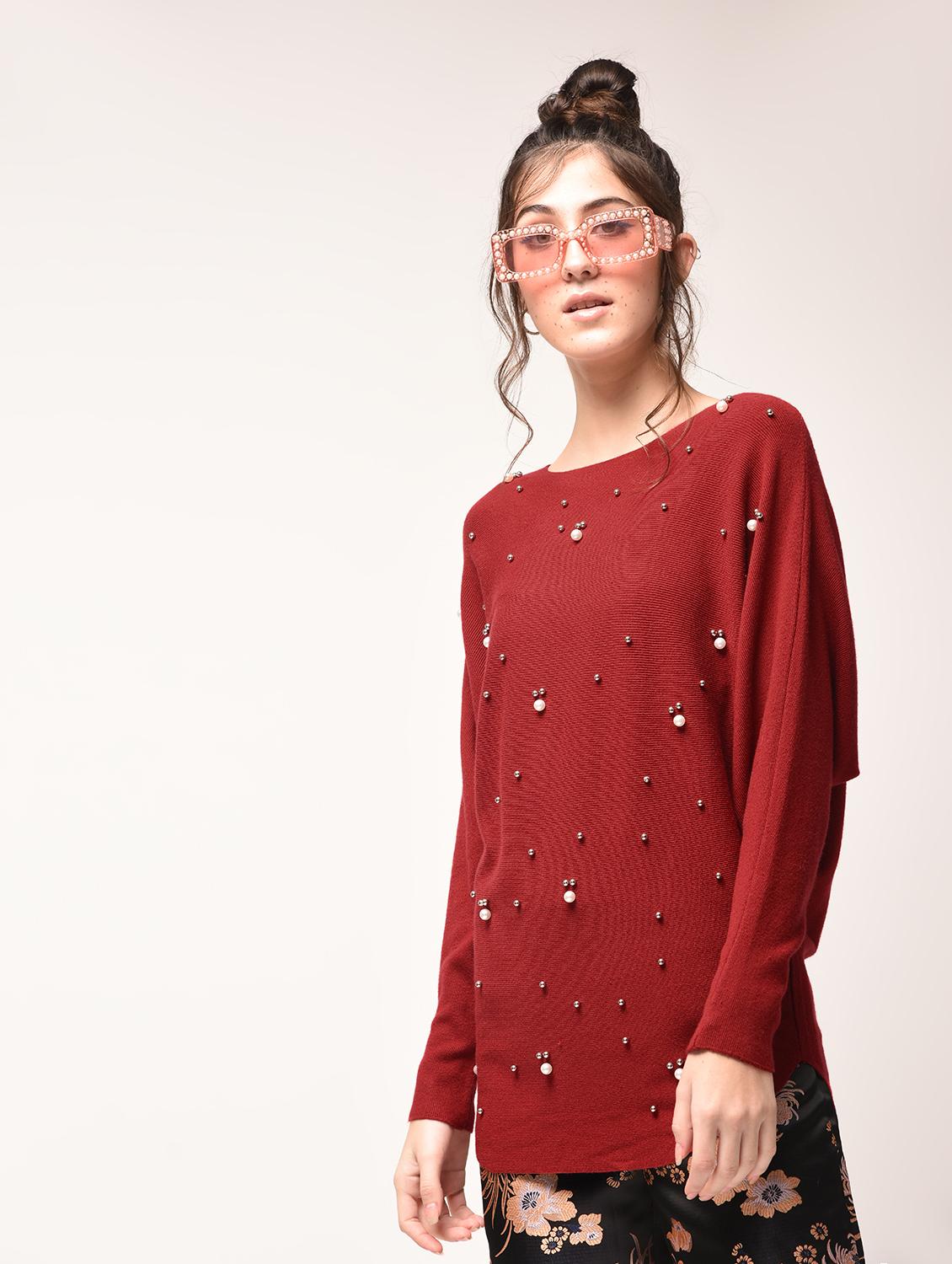 pearl embellished bat wing sleeved pullover - 15900929 - Zoom Image - 2