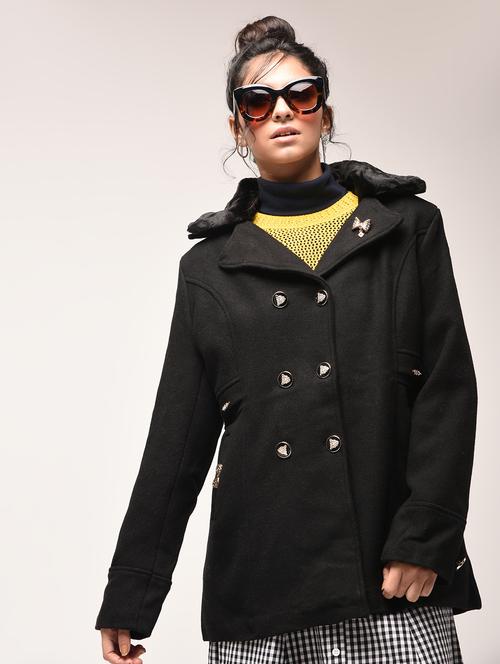 fur collar double breasted coat - 15900960 - Standard Image - 1