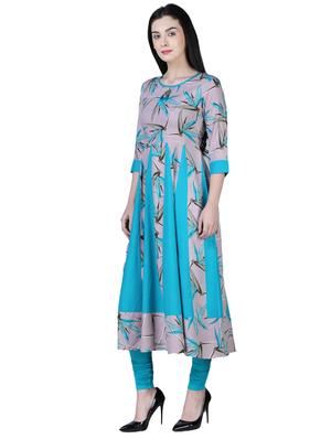 turquoise anarkali printed panel kurta - 15902159 - Standard Image - 2