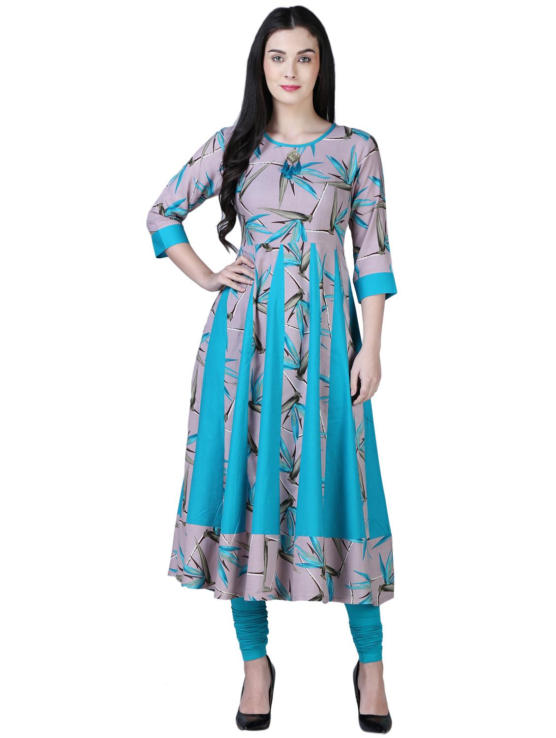 turquoise anarkali printed panel kurta - 15902159 - Zoom Image - 1