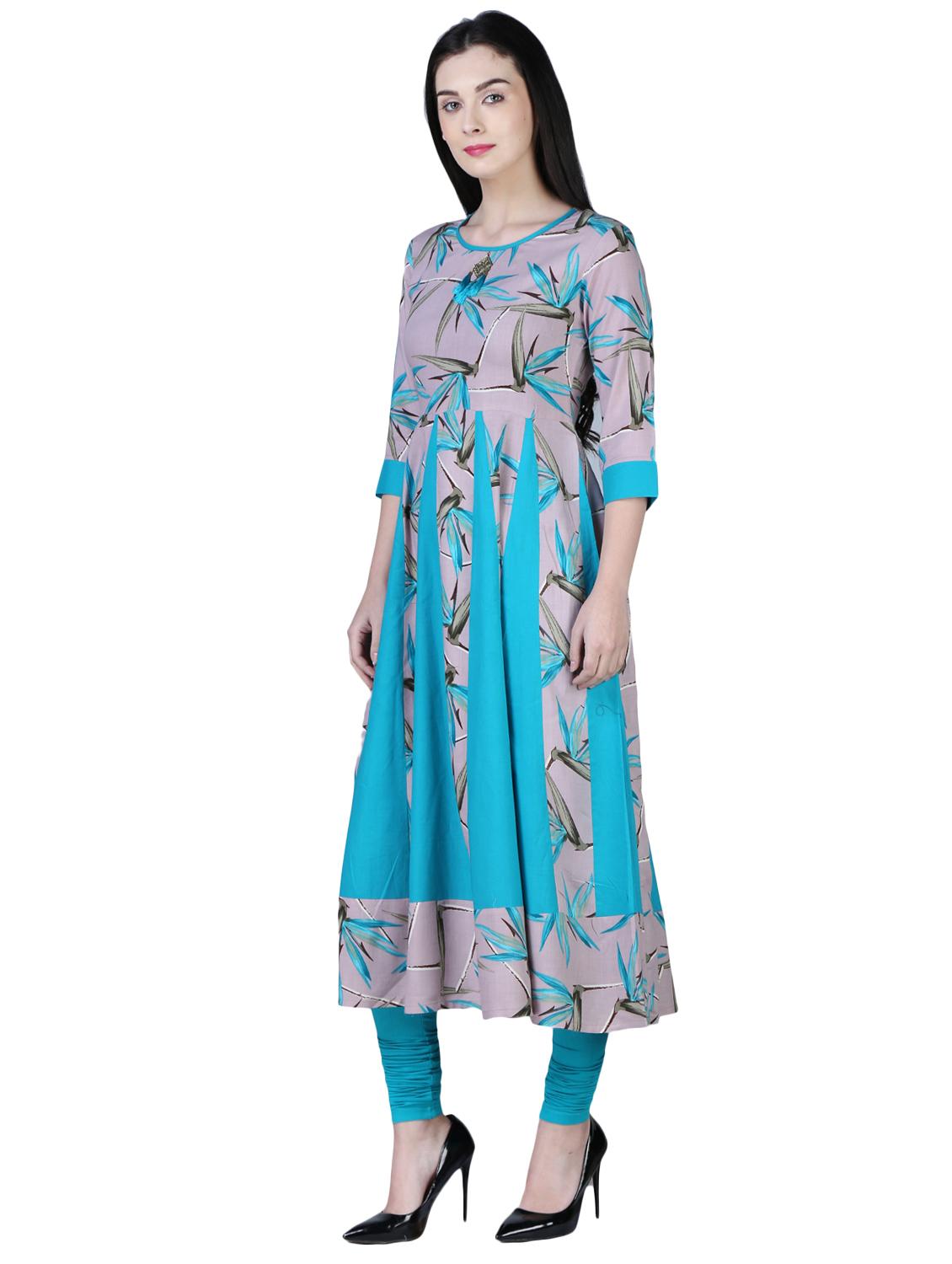 turquoise anarkali printed panel kurta - 15902159 - Zoom Image - 2