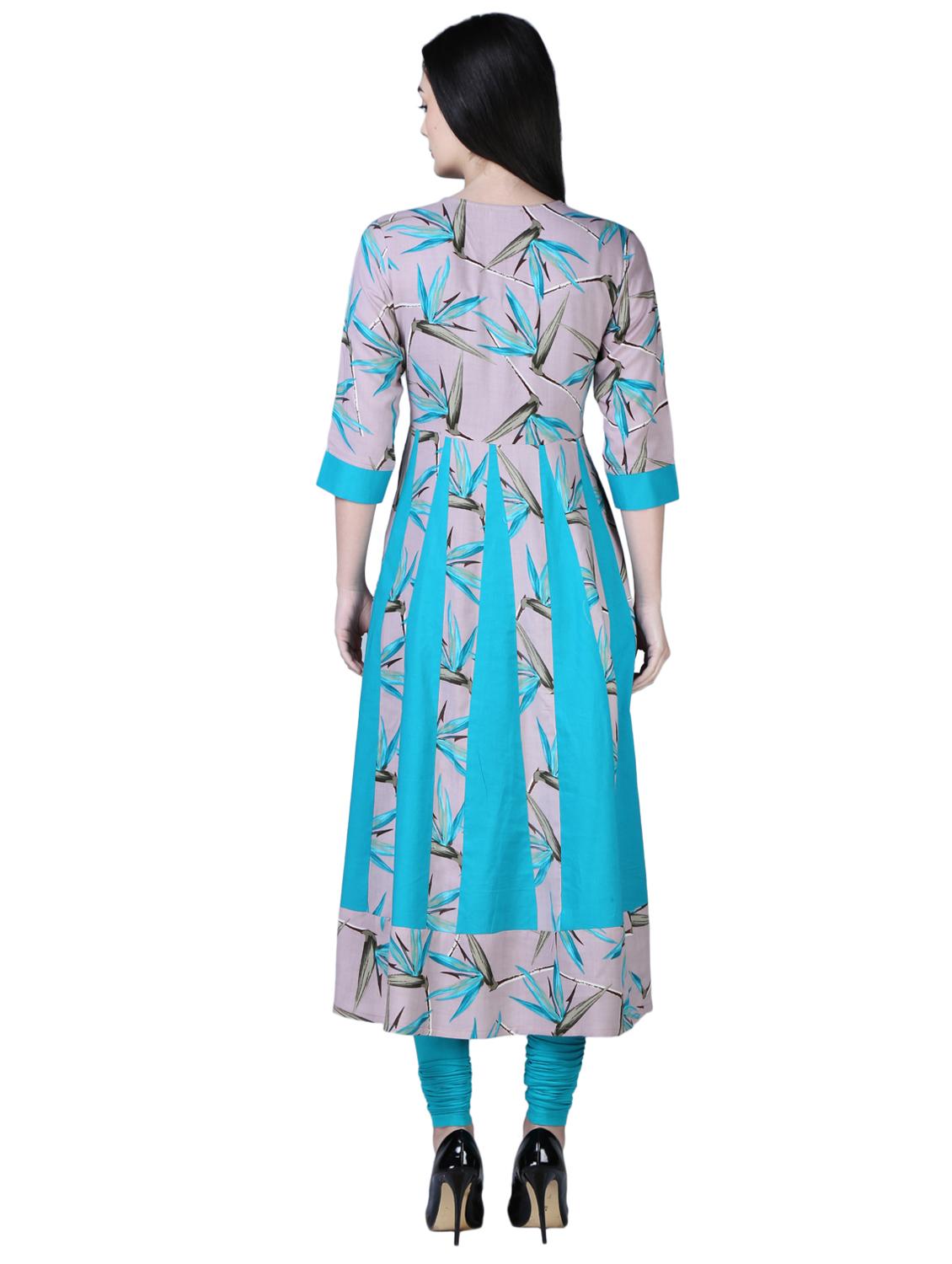turquoise anarkali printed panel kurta - 15902159 - Zoom Image - 3