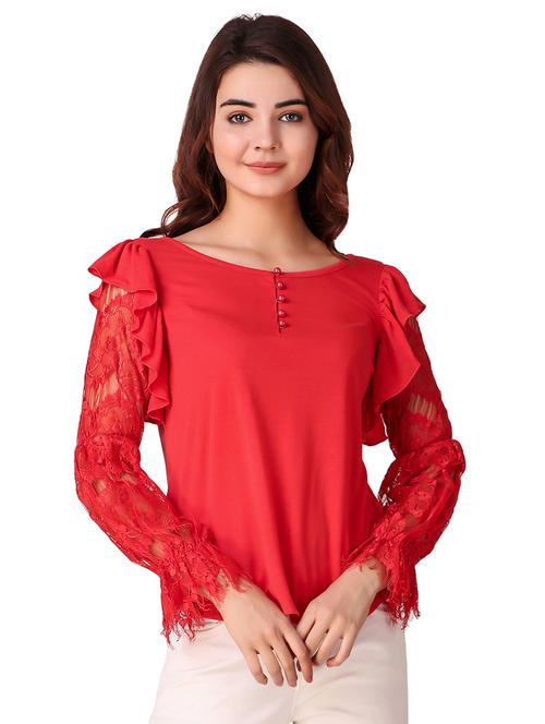 ruffle detail lace sleeved top - 15903255 - Standard Image - 1