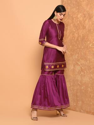 gota work silk kurta sharara with dupatta set - 15906509 - Standard Image - 4