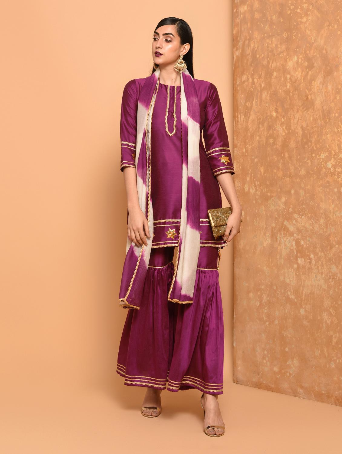 gota work silk kurta sharara with dupatta set - 15906509 - Zoom Image - 1
