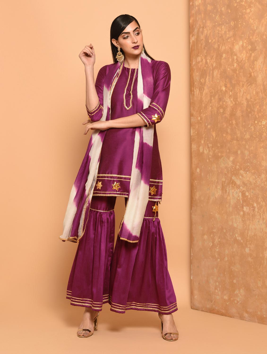 gota work silk kurta sharara with dupatta set - 15906509 - Zoom Image - 2