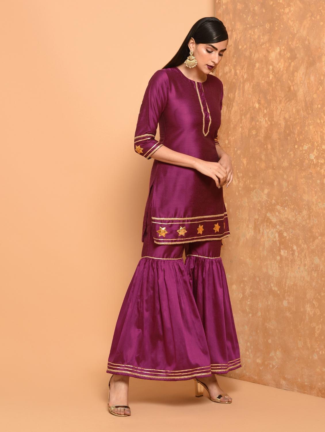 gota work silk kurta sharara with dupatta set - 15906509 - Zoom Image - 4
