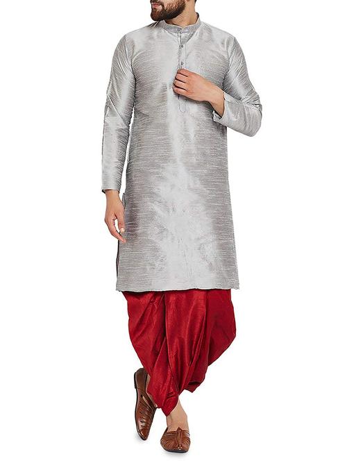 silver dupion dhoti kurta set - 15906585 - Standard Image - 1