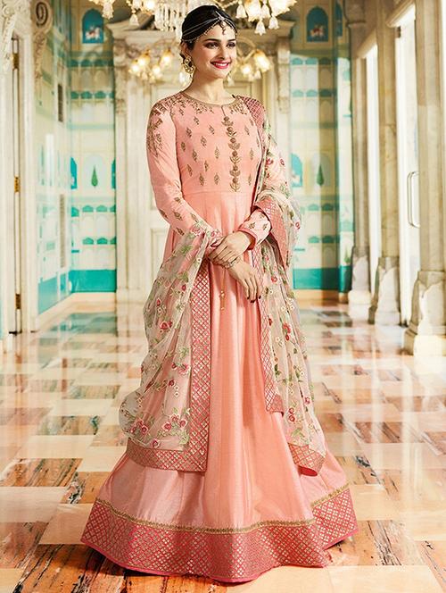 Embroidered semi-stitched anarkali suit - 15906945 - Standard Image - 1