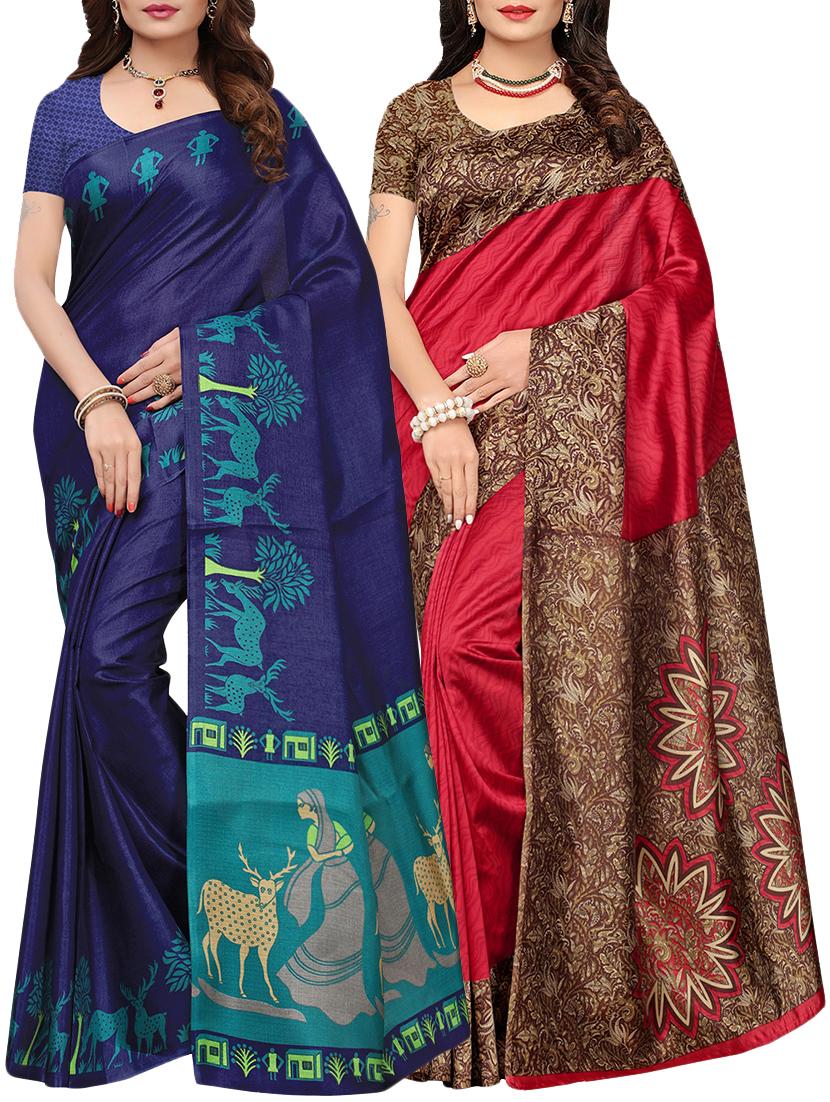 multicolor printed saree combo (set of 2) with blouse - 15907630 - Zoom Image - 1