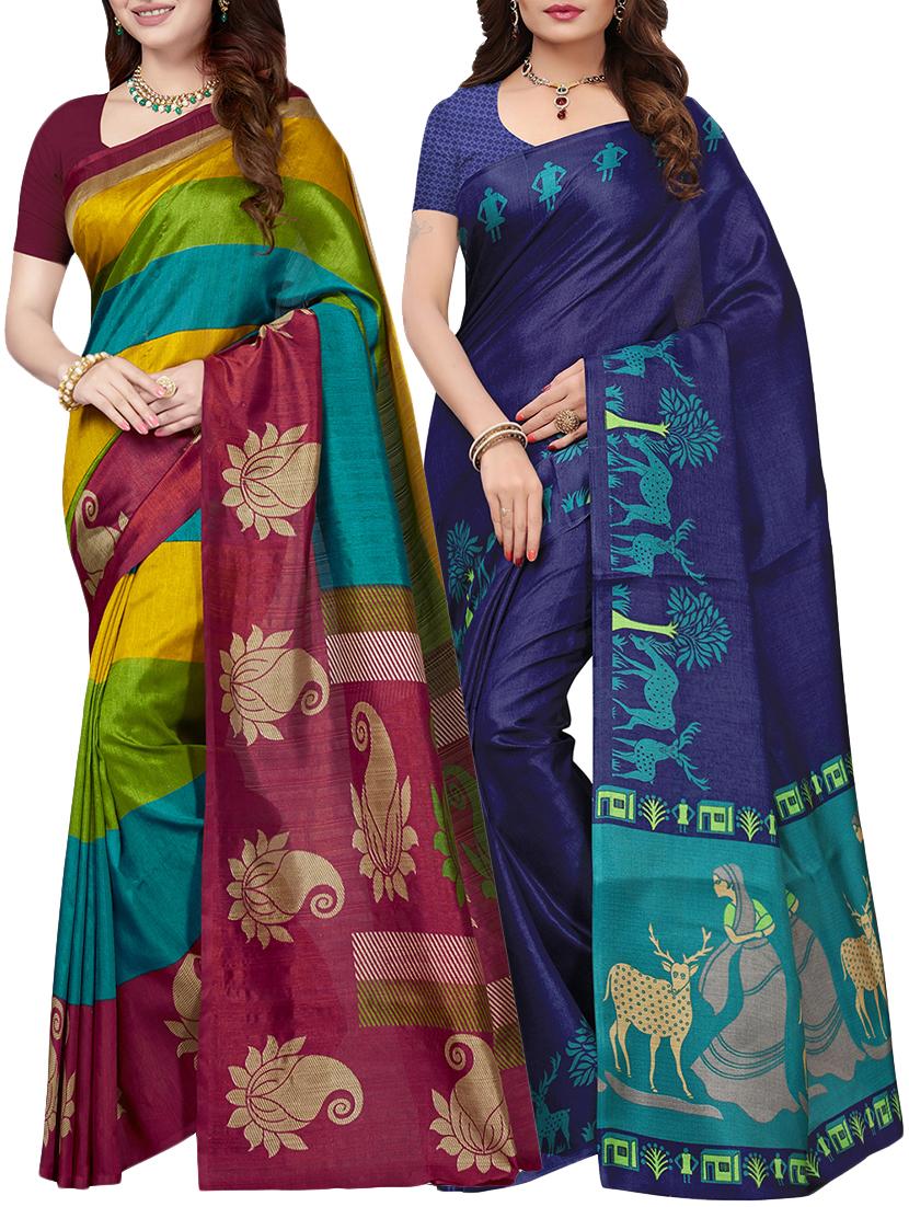multicolor printed saree combo (set of 2) with blouse - 15907634 - Zoom Image - 1