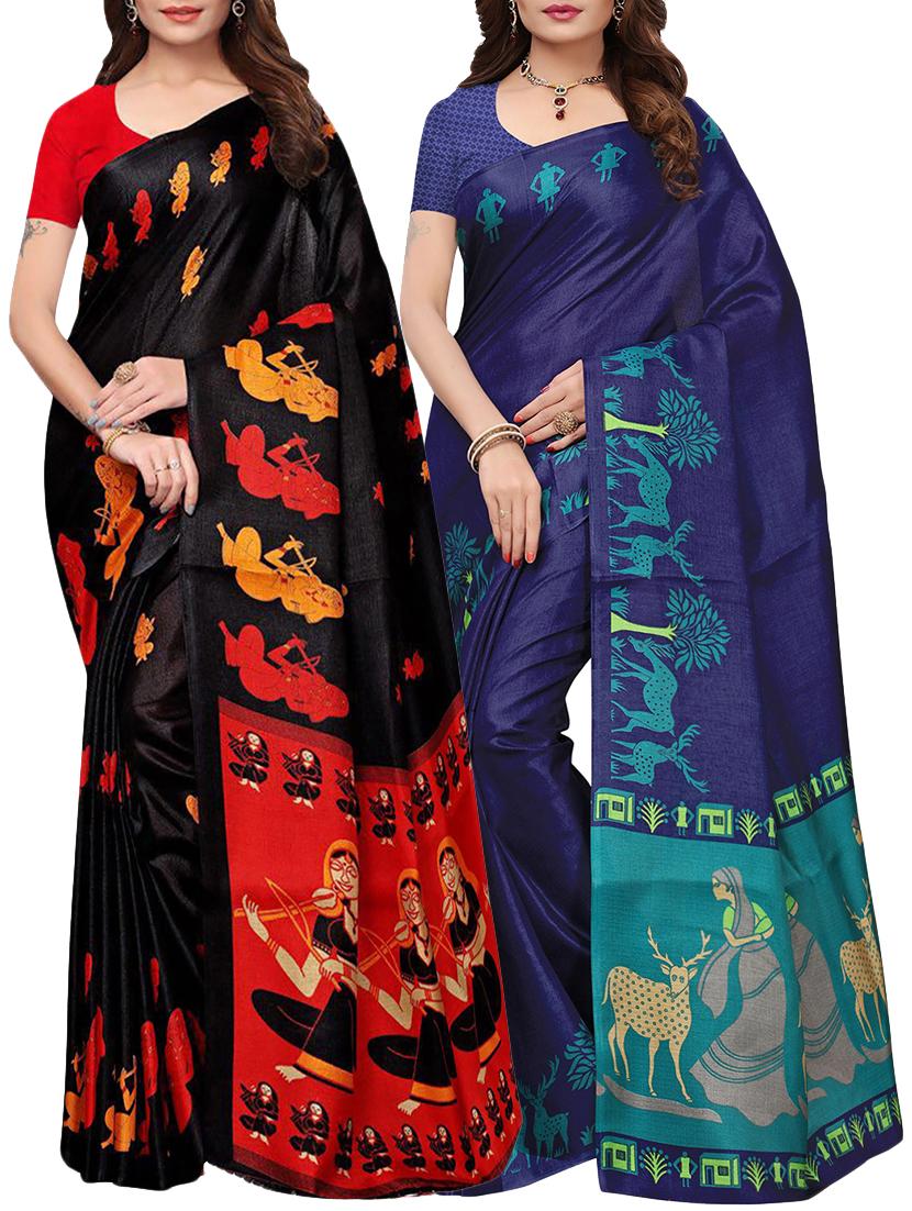 multicolor printed saree combo (set of 2) with blouse - 15907636 - Zoom Image - 1