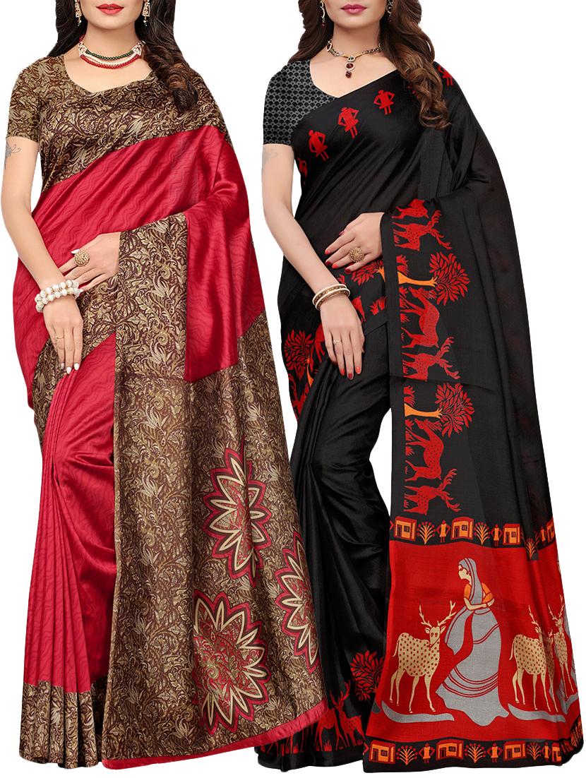 multicolor printed saree combo (set of 2) with blouse - 15907644 - Zoom Image - 1