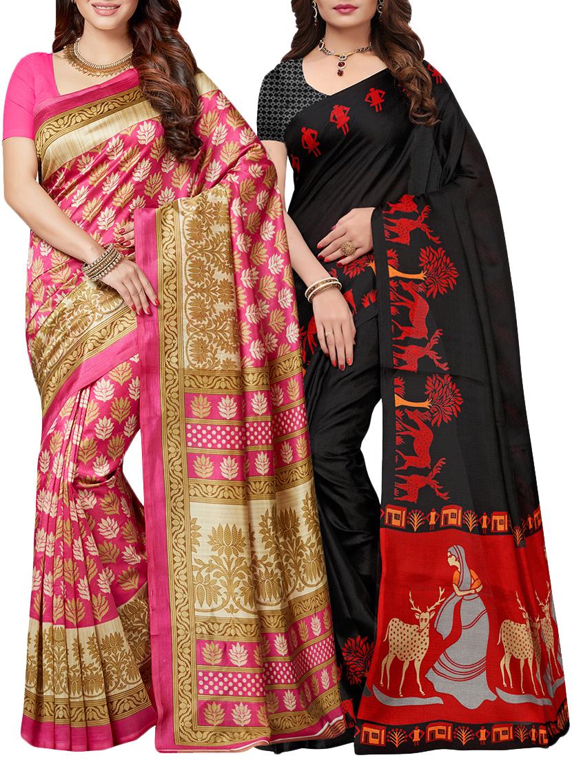 multicolor printed saree combo (set of 2) with blouse - 15907645 - Zoom Image - 1