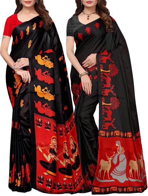 black printed saree combo (set of 2) with blouse - 15907650 - Standard Image - 1