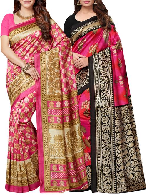 pink printed saree combo (set of 2) with blouse - 15907663 - Standard Image - 1