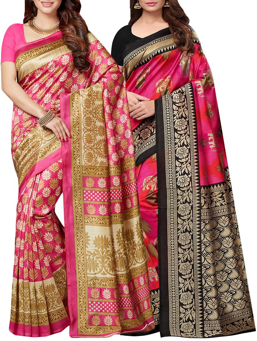 pink printed saree combo (set of 2) with blouse - 15907663 - Zoom Image - 1