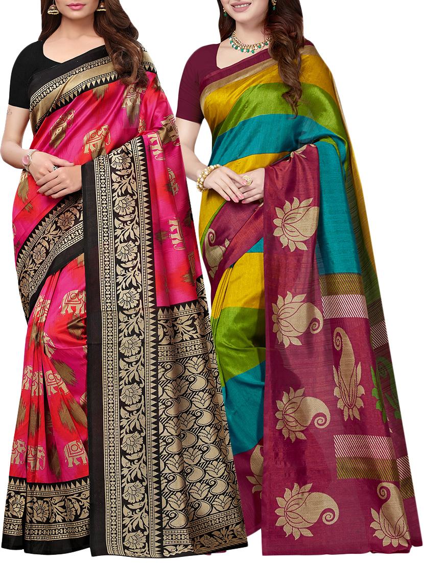 multicolor printed saree combo (set of 2) with blouse - 15907673 - Zoom Image - 1