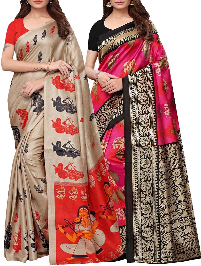 multicolor printed saree combo (set of 2) with blouse - 15907674 - Zoom Image - 1