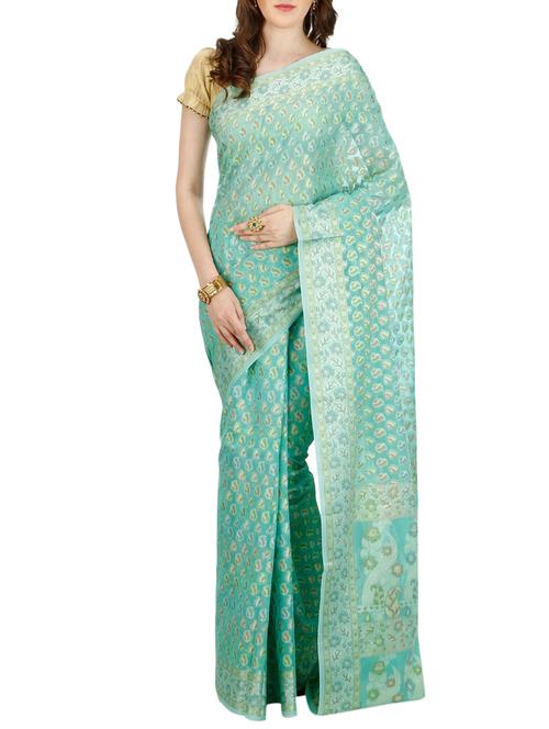 paisley zari motif turquoise banarasi saree with blouse - 15909614 - Standard Image - 1