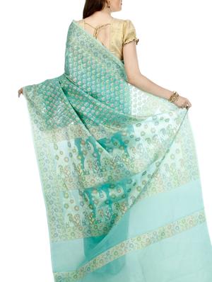 paisley zari motif turquoise banarasi saree with blouse - 15909614 - Standard Image - 2