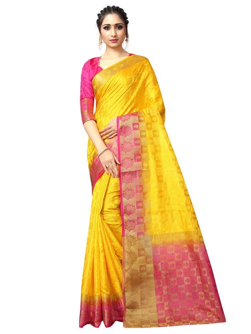 checkered zari motif yellow kanjivaram saree with blouse - 15912233 - Standard Image - 1