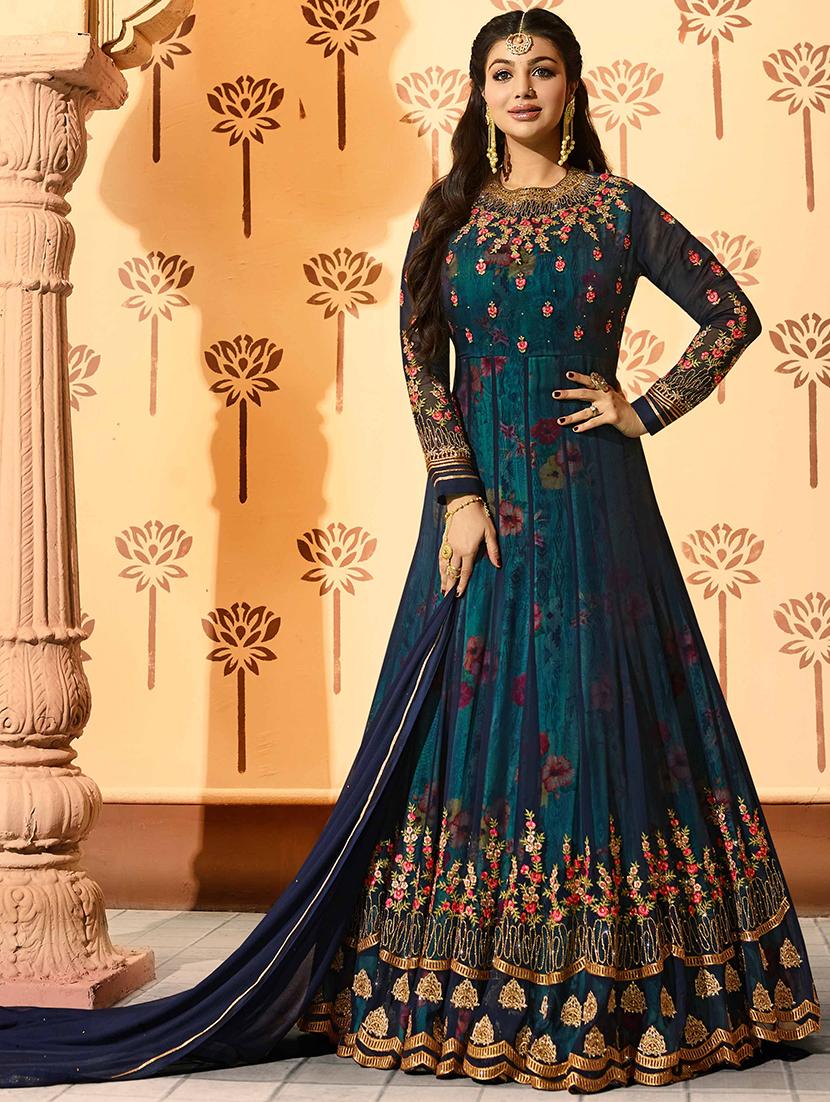 blue semi-stitched anarkali suit - 15912299 - Zoom Image - 1