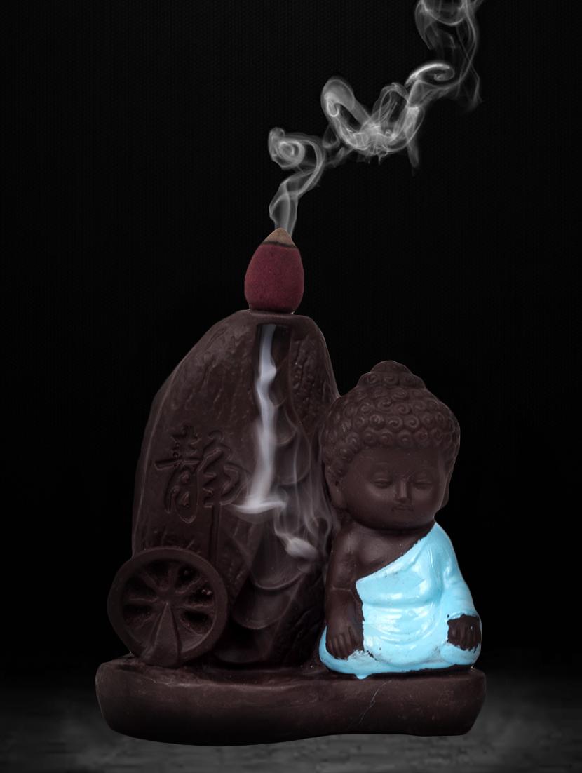 turquoise colour polyresin monk buddha back flow smoke incense holder with 5 free scented cone by golden peacock - 15914525 - Zoom Image - 1