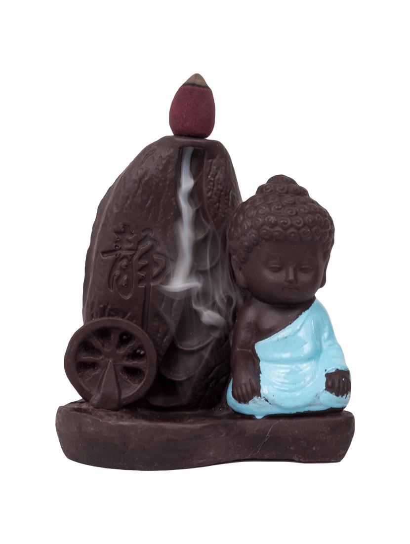 turquoise colour polyresin monk buddha back flow smoke incense holder with 5 free scented cone by golden peacock - 15914525 - Zoom Image - 2