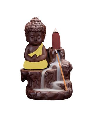 yellow polyresin monk buddha back flow smoke incense holder with 5 free scented cone by golden peacock - 15914529 - Standard Image - 2