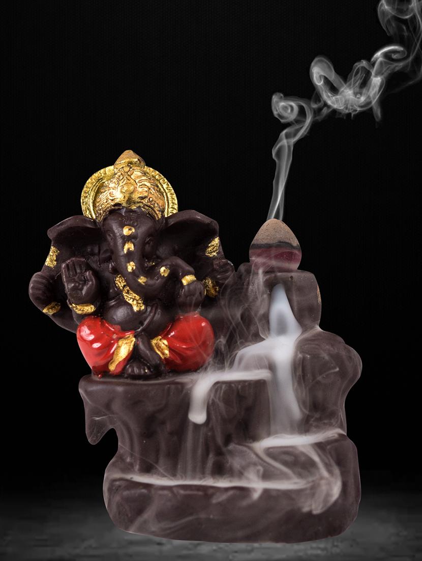 golden peacock red back flow smoke incense burner lord ganesha emblem auspicious and success red polyresin incense holder - 15914531 - Zoom Image - 1