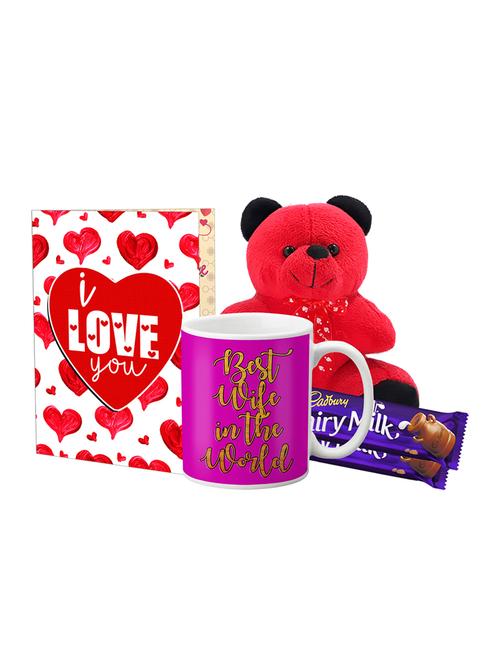 lof teddy bear, chocolates gift box, greeting card & mug combo - 15915237 - Standard Image - 1
