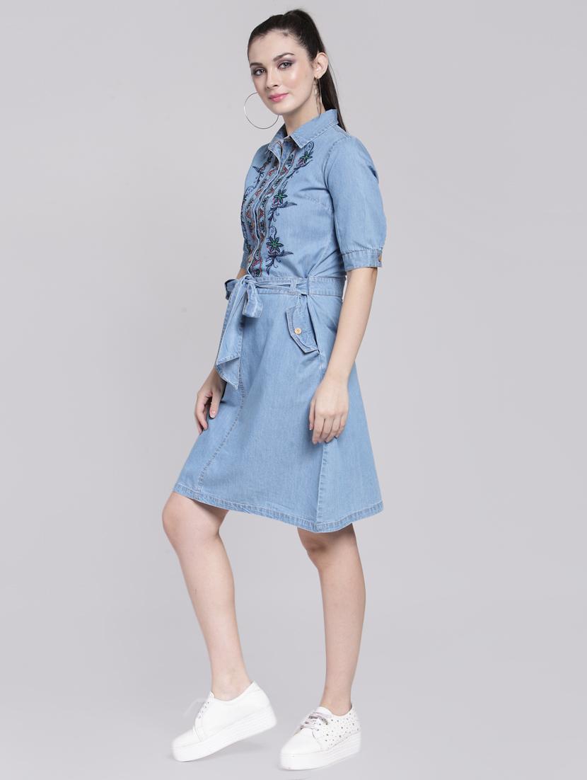 tie up front embroidered a-line dress - 15919048 - Zoom Image - 2