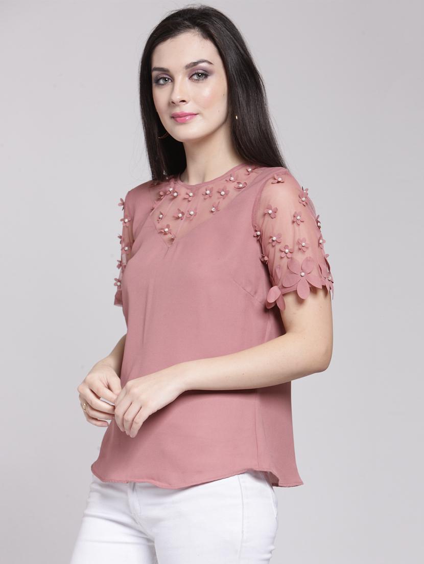 sheer paneled floral applique top - 15919118 - Zoom Image - 2