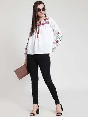 tie up neck embroidered peasant top - 15919120 - Standard Image - 4