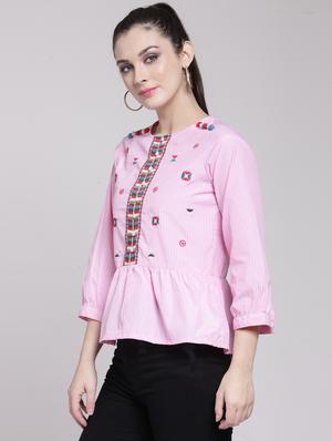 striped embroidered button detail top - 15919134 - Standard Image - 2