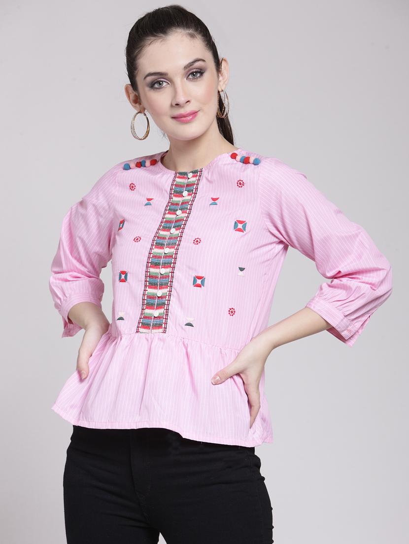 striped embroidered button detail top - 15919134 - Zoom Image - 1